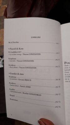 Photo du sommaire du livret distribué lors de la remise des prix LanKRéol 2017. Les sections incluent le mot du président, les nouvelles et contes, ainsi que des textes de poésie et de slam avec leurs auteurs respectifs.