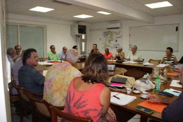 Photographie d’une réunion des membres du CCEE dans une salle équipée. Plusieurs participants, hommes et femmes, sont assis autour d’une grande table en bois, échangeant et prenant des notes. La salle est éclairée par des plafonniers, avec un tableau blanc et un écran en arrière-plan. Des documents, bouteilles d’eau et accessoires sont posés sur la table.