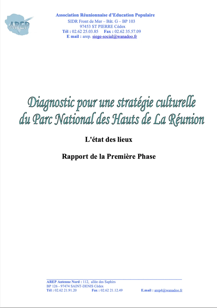 Couverture du document "Diagnostic pour une stratégie culturelle du Parc National des Hauts de La Réunion" indiquant le rapport de la première phase.