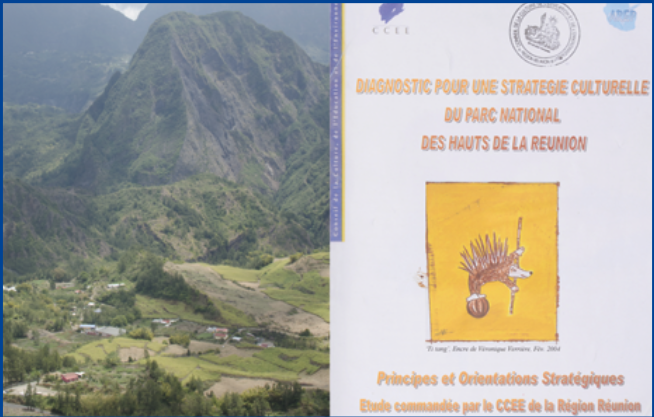 Couverture du document "Diagnostic pour une stratégie culturelle du Parc national des Hauts de La Réunion" commandé par le CCEE, montrant un paysage montagneux et une illustration culturelle.