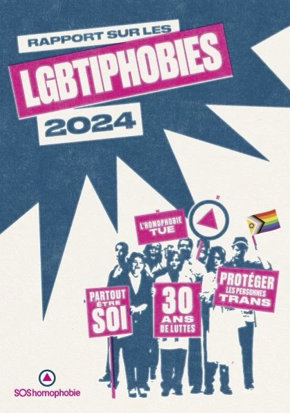 Couverture du rapport sur les LGBTIphobies 2024 de SOS Homophobie, présentant un groupe de personnes tenant des pancartes avec des messages de soutien aux personnes LGBTQIA+.