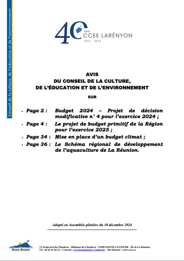 Image de couverture de l'avis du Conseil de la Culture, de l'Éducation et de l'Environnement (CCEE) de La Réunion. Le document contient des informations sur le Budget 2024, le Budget primitif 2025, un Budget climat et le Schéma régional pour l'aquaculture