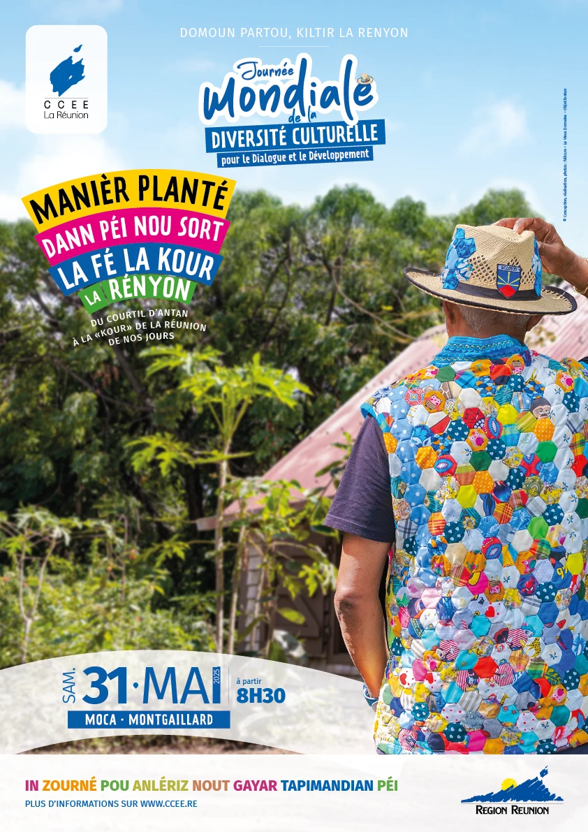 Affiche de la Journée Mondiale de la Diversité Culturelle - un homme de dos vêtu d’un gilet en patchwork coloré, regardant un jardin créole