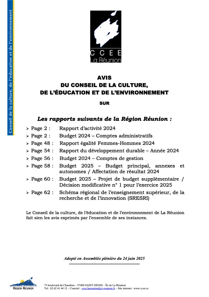 Couverture de l’avis du CCEE adopté le 24 juin 2025 sur les rapports d’activité, budgets 2024-2025, égalité femmes-hommes, développement durable et enseignement supérieur de la Région Réunion