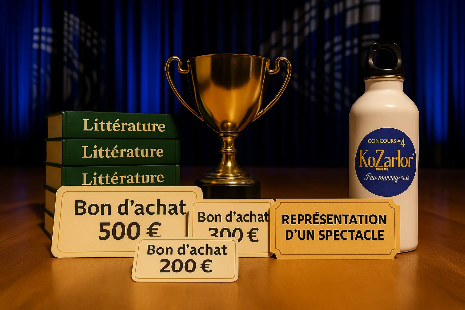 Montage photographique des prix KoZarlor sur une table en bois : bons d’achat, billet de spectacle, livres de littérature réunionnaise, gourde KoZarlor.