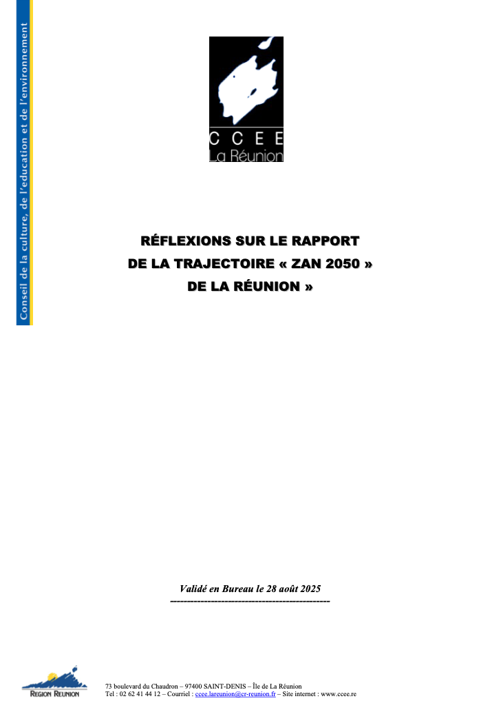 Page de couverture du document du CCEE intitulé Réflexions sur la trajectoire ZAN 2050 à La Réunion, validé en Bureau le 28 août 2025