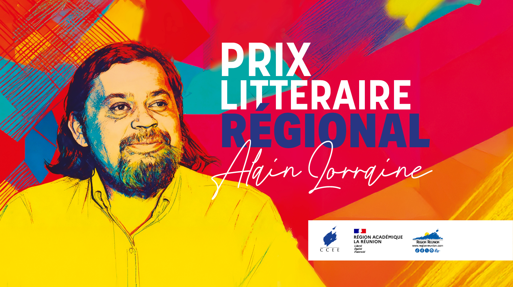Affiche du Prix littéraire régional Alain Lorraine 2025-2026, portrait stylisé d’Alain Lorraine sur fond coloré, avec logos institutionnels