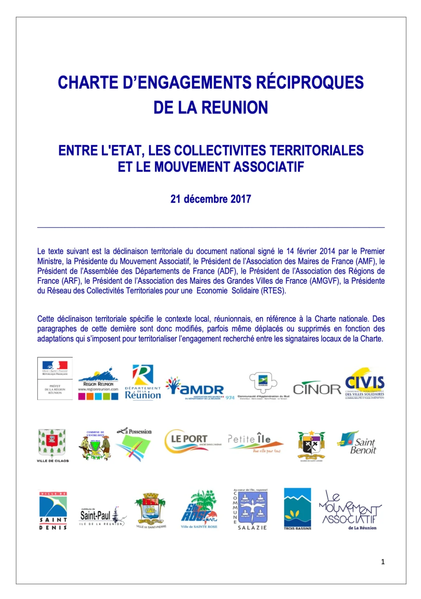 CHARTE D’ENGAGEMENTS RÉCIPROQUES DE LA REUNION