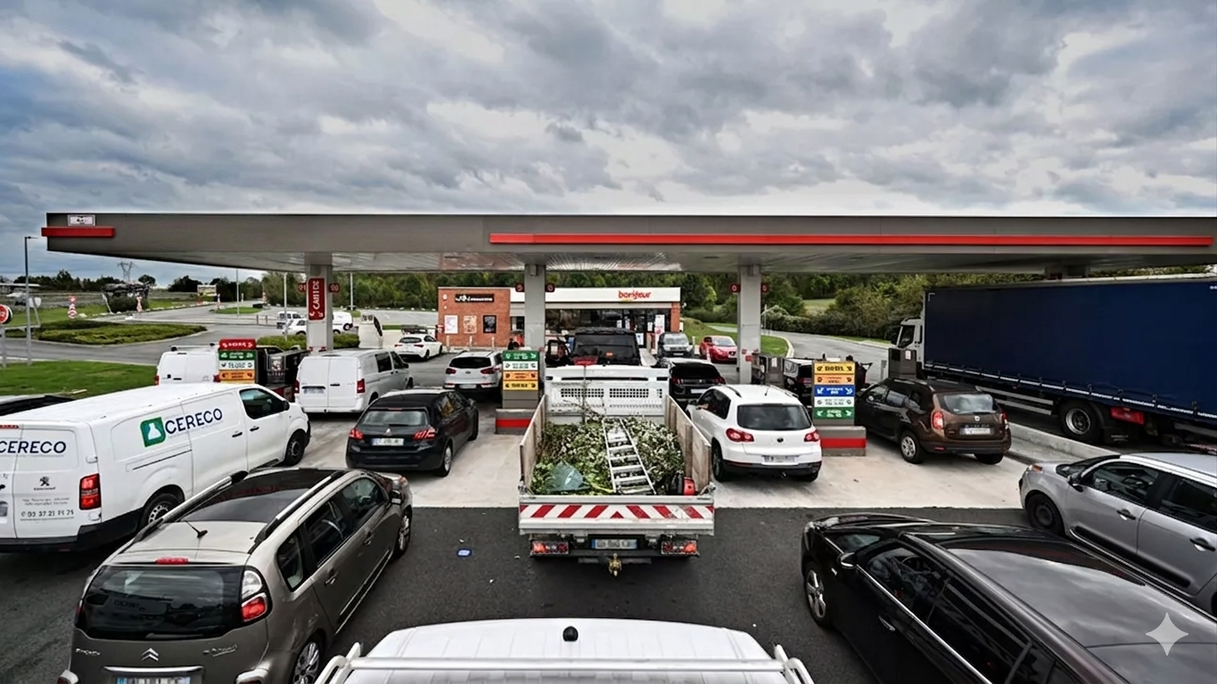 Vue en surplomb d'une file d'attente importante de voitures et camionnettes dans une station-service à la Réunion sous un ciel nuageux.